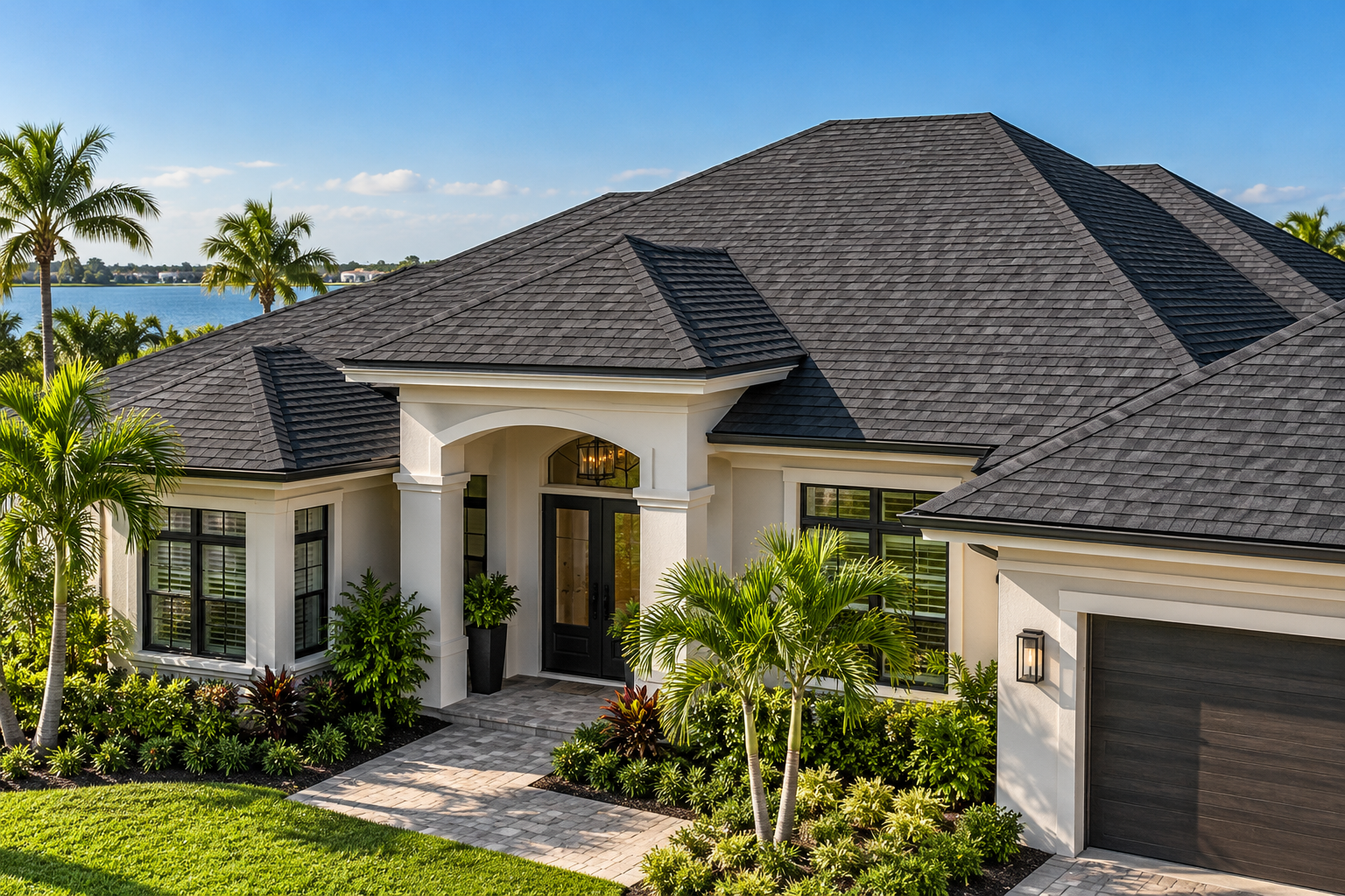 Illustration of a Florida home with a charcoal shingle roof